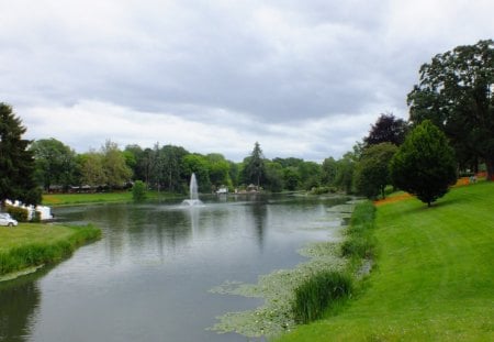 Lovely day at the lake - sky, lake, cloud, water, grass, tress