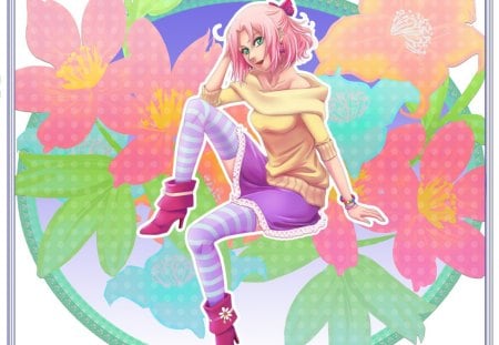 Sakura Shippuden - flowers, dress, short hari, green eyes, pink hair