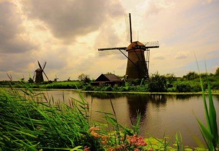 WINDMILL - lakeshore, sky, riverbank, water, peacefiul, reflection, clouds, river, green, grass, lake, mills, shore, plants, nature, beautiful, windmill