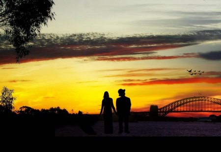 Dream together - silhouette, colors, sun, evening