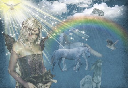 RAINBOW BRIDGE GUARDIAN - clouds, heaven, ghost, rainbow, angel, rainbow bridge, animal heaven