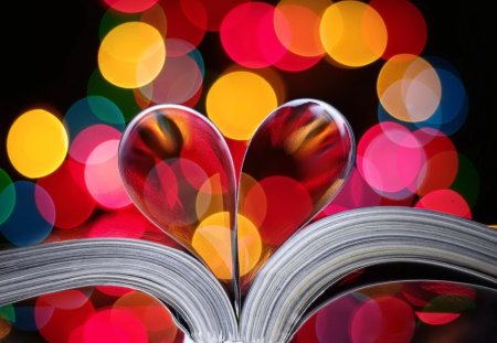 Love book - pages, beautiuful, pretty, heart, shape, romantic, book, sparkling, lovely, love, colorful, lights, nice