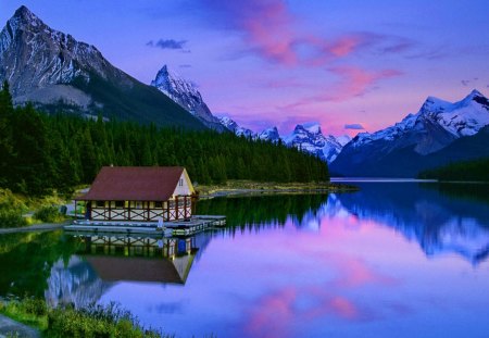 Dusk over the lake - summer, cabin, reflection, mountain, calmness, purple, twilight, lake, cottage, house, national park, water, slope, alberta, colorful, river, nature, canada, dusk, peaceful, park