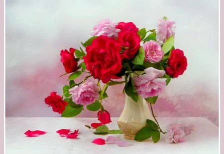 Petals - flowers, vase, roses, fallen petals, red, beauty, pink