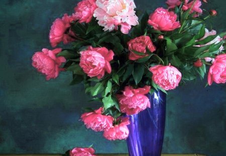 Peonies in blue - white, peonies, blue, pink, flowers, vase