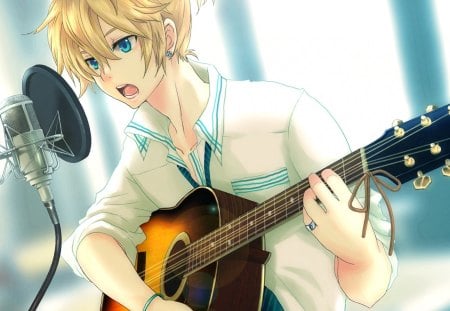 Kagamine Len - blonde hair, guitar, vocaloid, blue eyes, kagamine len