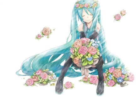 Hatsune Miku - sitting, aqua, music, bouquet, anime girl, stockings, white, amazing, art, cool, petals, aqua eyes, artistic, hatsune miku, skirt, leggings, song, stunning, vocaloids, program, vocaloid, beautiful, leaves, uniform, diva, beauty, nice, twintail, singer, aqua hair, rose, black, virtual, pretty, idol, anime, miku, cute, twin tail, girl, boots, closed eyes, cg, hatsune, blue, awesome, flowers, digital, outfit