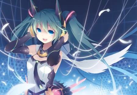 Hatsune Miku - pretty, singing, artistic, twin tail, angel, pink, stunning, headphones, nice, program, hot, beauty, virtual, cg, white, wings, cute, aqua eyes, feathers, song, sexy, vocaloid, anime, blue, amazing, twintail, hatsune miku, microphone, music, aqua, ecchi, art, idol, anime girl, beautiful, singer, girl, cool, black, miku, awesome, diva, digital, aqua hair, hatsune, vocaloids, headset