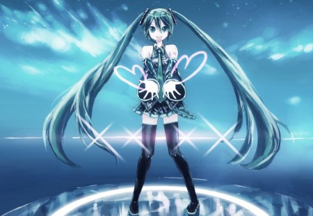 Hatsune Miku - tie, pretty, artistic, heart, twin tail, stage, uniform, stunning, headphones, nice, program, sparkle, leggings, hot, beauty, virtual, cg, white clouds, white, lights, wings, cute, aqua eyes, song, outfit, sexy, horizon, vocaloid, anime, blue, amazing, twintail, blue sky, hatsune miku, microphone, music, aqua, stockings, art, sky, idol, clouds, anime girl, skirt, water, beautiful, sea, singer, girl, cool, ocean, black, miku, awesome, diva, digital, aqua hair, hatsune, vocaloids, headset