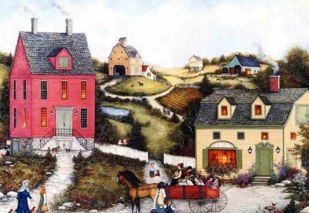 Americana Art - Wagon Ride - americana, town, wagon, folk, painting, america, settlers, early, art