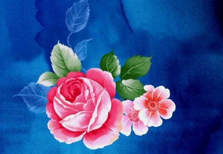 Rose art on blue - rose, paint, art, red