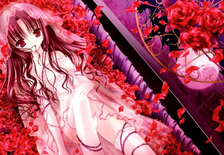 Bed of Roses - roses, dress, girl, coffin, long hair, flower, petals