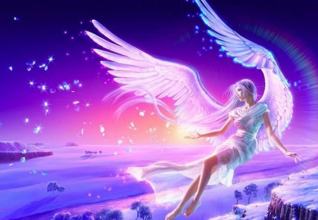 the angel - angel, girl, glowing, snow, light, fairy