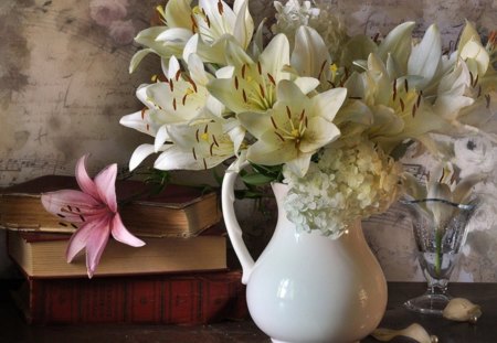 books & flowers - lilies, books, flowers, still life