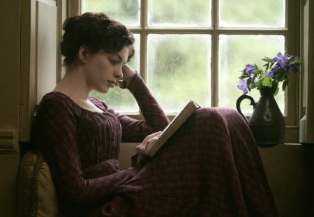 Romance Woman - woman, window, romance, book, flower