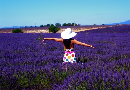 Field of dreams - purple, hat, girl, field, dress, happy