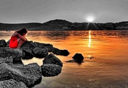 morning - beach, girl, sea, rocks