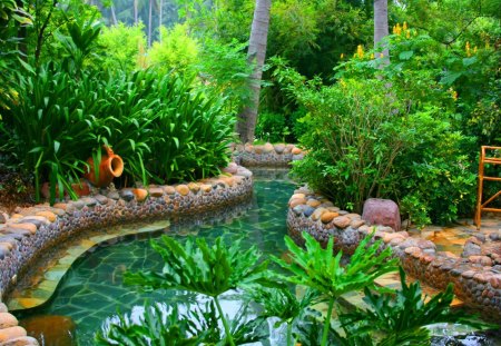 Artificial stream - stream, forest, leaves, flowers, exotic, plants, greenery, trees, water, beautiful, artificial, stones, nature, pool, green, peaceful, park