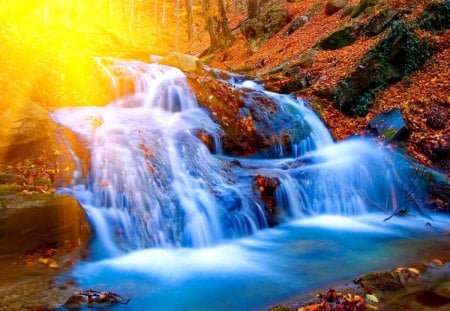 Sun glow behind the waterfall - cascades, summer, foam, stream, forest, sun, falling, red rocks, water, beautiful, fall, glow, nature, waterfall, rays, peaceful, rocks, shine