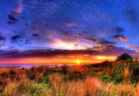 Glowing sunrise - summer, beautiful, sundown, grass, morning, light, nature, sunset, colorful, rays, sun, sky, glowing, clouds, lovely, sunrise, day, sunshine