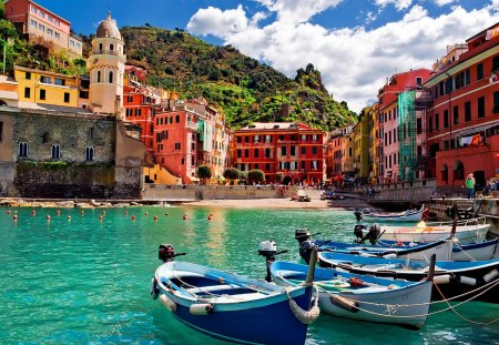 Beautiful Italy - europe, reflection, mountain, shore, lake, emerald, houses, sky, clouds, water, beautiful, hotels, boats, nature, green, the cinque terre, destination, italy