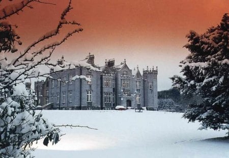 Kinnitty Castle, Ireland - winter, red sky, snow, middle ages, irish, castle