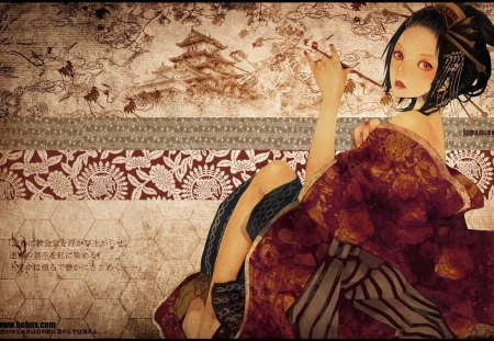 Geisha - woman, pipe, geisha, art, girl, kimono, japanese, orginal