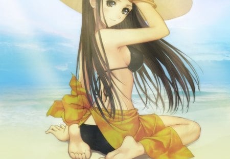 Mizushima Asa - beach, girl, game, bikini, long hair, anime, tony taka