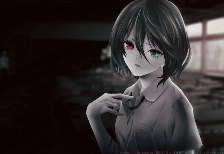 Another - misaki mei, anime, green eye, school, girl, short hair, another, red eye, black hair, classroom