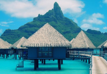 bungalows in bora bora - cabins, bungalows, bridge, sea, nature, mountain