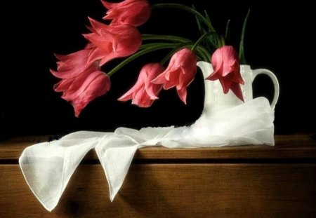 Dramatic Red Tulip Still Life - drama, photography, white, cloth, art, hang, red, droop, table, tulip