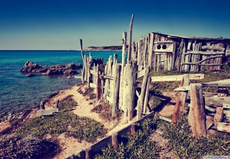 beach shack - shack, fence, beach, photograph