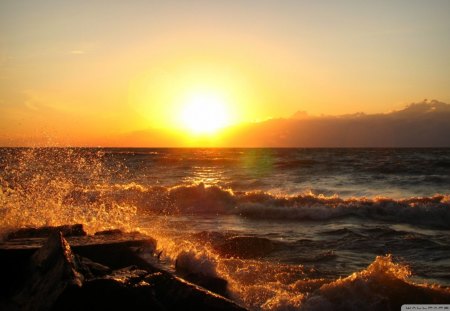 sunset on lake erie saybrook ohio - waves, lake, sunset, rocks