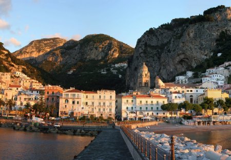 amalfi italy - cliffs, town, breaker, beach