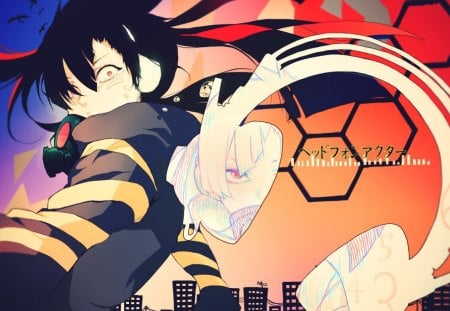 Headphone Actor - tears, bandage, twintails, hoodie, headphone actor, cityscape, crows, black hair, gasmask, hexagon, headphones, vocaloid, anime, manga