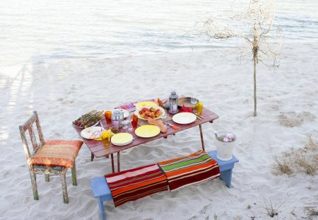 Enjoy - sands, chair, table, food, plate, outdoor, mat