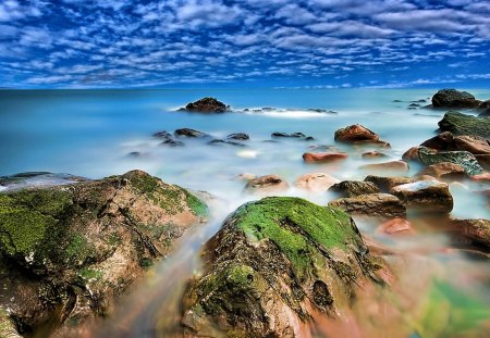 Beautiful Morning at the Seaside - nice, beaches, beauty, sky, water, image, foggy, widescreen, oceanscape, calm, oceans, amazing, view, cool, clouds, landscapes, morning, seascape, day, smoky, smoke, moss, nature, picture, dawn, beautiful, fog, stones, awesome, sea