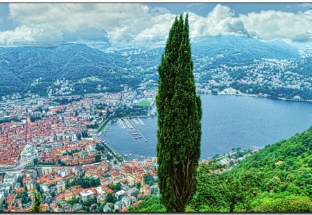 town and lake como Italy hdr - lake, tree, hdr, town