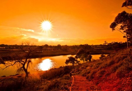 werribee river, australia - river, steps, red, sun