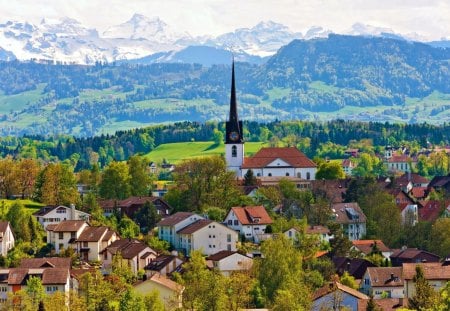 Lovely Place - beauty, sky, trees, peaceful, mountains, amazing, view, clouds, architecture, green, house, tree, houses, building, landscape, lovely, buildings, nature, town, church, beautiful, splendor, gossau, switzerland