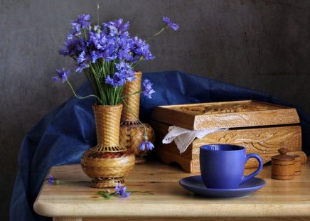 Still Life - beauty, blue flowers, photography, lovely, still life, cup, vase, wood, nature, box, pretty, petals, blue, beautiful, table, flowers