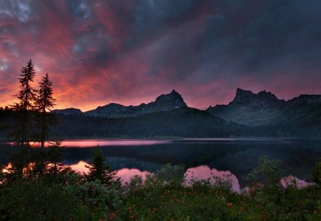 Sunset - beautiful, grass, view, tree, nature, sunset, colorful, mountains, water, landscape, beauty, flowers, peaceful, lake, sky, reflection, clouds, lovely, splendor, trees, colors