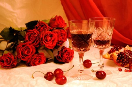 Lovely still life - glasses, roses, pomegranate, bouquet, cherry, wine, still life, fruit, flowers, red roses