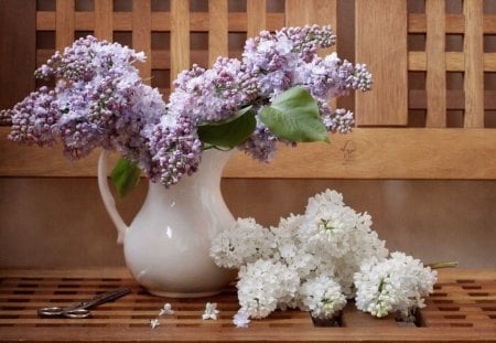 Sweet lilacs - white, lilacs, purple, aromatic, bouquet, flowers, still life, vase