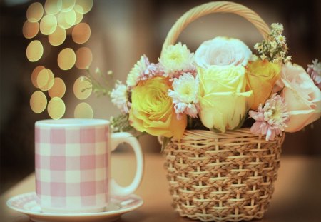 Pink Elegance - elegance, pink, flowers, yellow, cup, breakfast, roses, coffee, basket