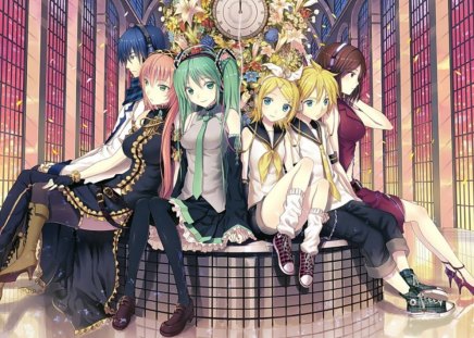 Miku,Len,Rin,Meiko,Luka,Kaito Together Forever!!! :D - music, melody, vocaloid, cute, together, friends, clock