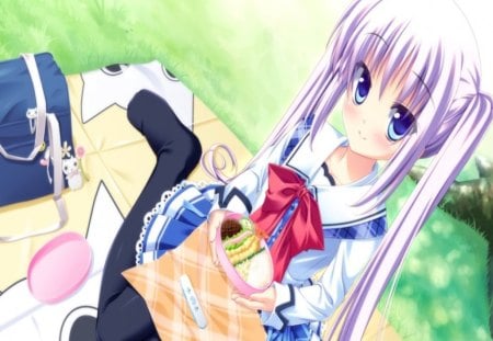 Yao Kusunoki - anime girl, purple, blue, food, yao kusunoki, strawberry nauts, school girl