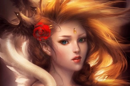 Golden hair - beauty, face, hair, golden hair, fantasy, flower