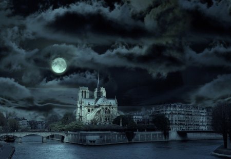 NOTRE DAME NIGHT - clouds, spooky, gloom, night moon, famous landmarks, great sightings, tourism