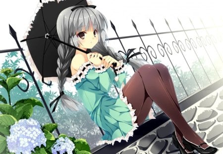 Anime - flowers, anime, umbrella, gray